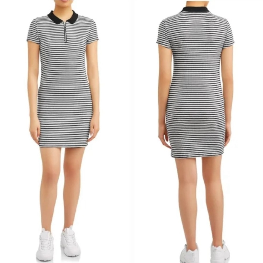 Black & White Striped Petite Collared T-Shirt Dress